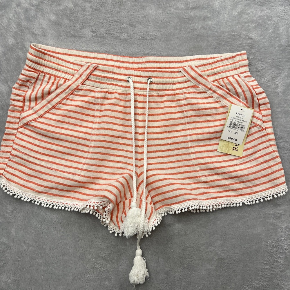 Rewind Striped Pom-Pom Trim Shorts Size XL Orange White Women Boho Summer Casual